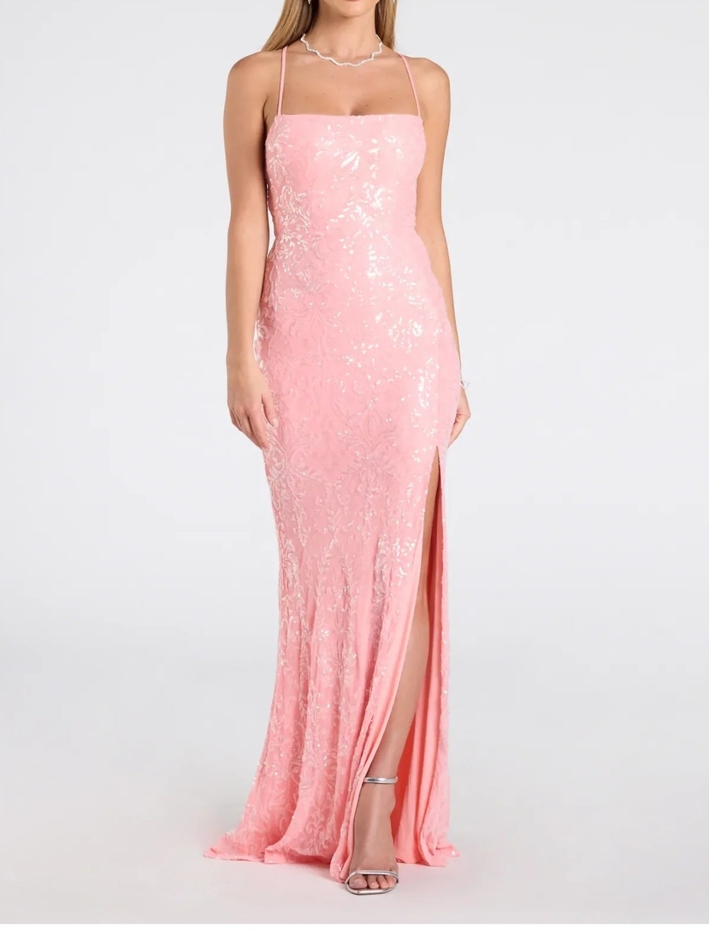 Windsor Pink Sequin Spaghetti-Strap Evening Gown